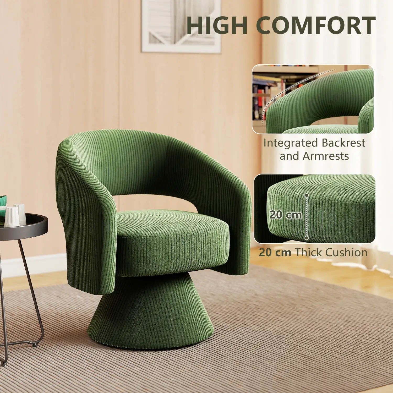 Sillón de acento tipo barril giratorio acolchado en verde oliva, confeccionado en corduroy, con respaldo y brazos integrados.