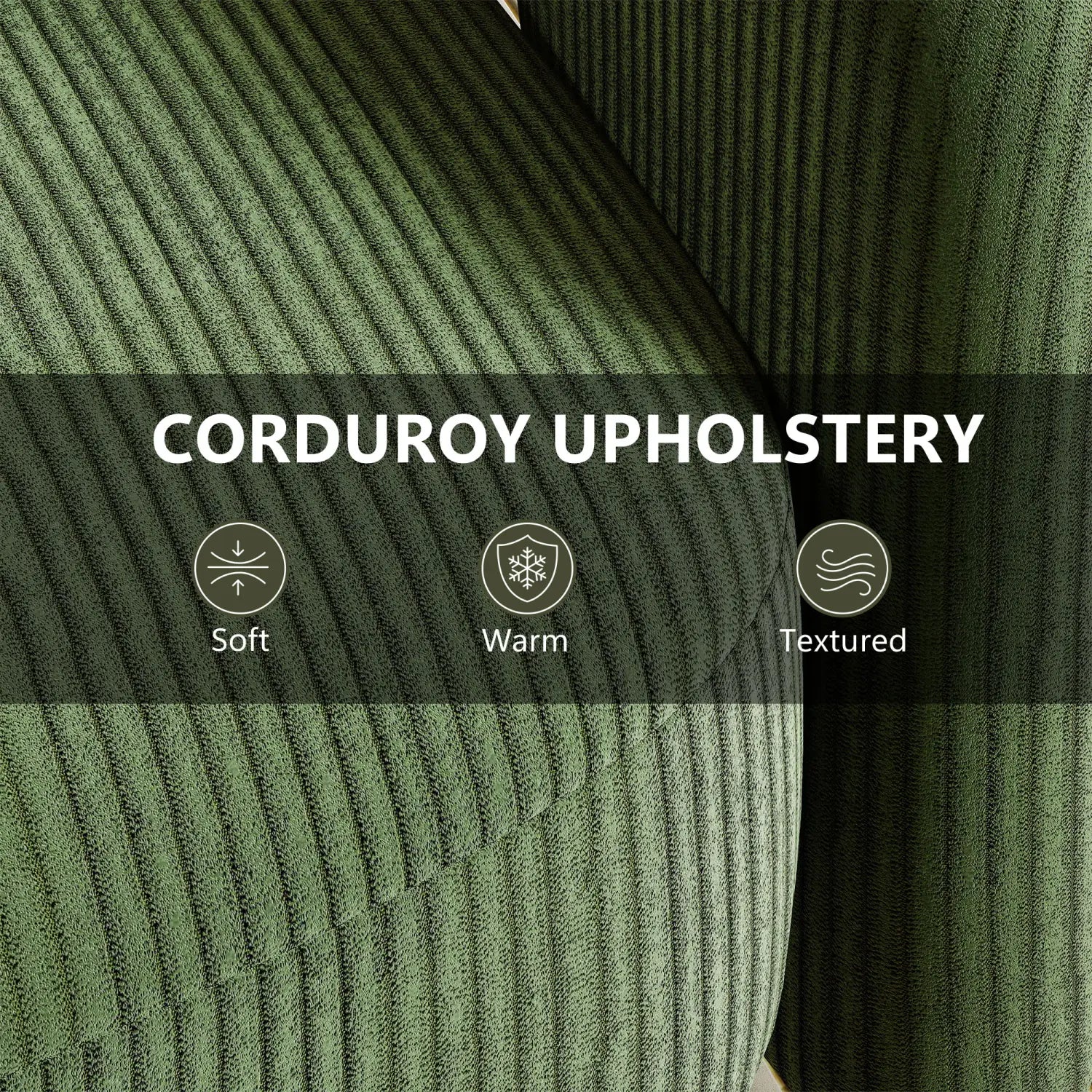 Tapicería en corduroy verde profundo con un tejido acanalado suave y cálido, de textura, en un sillón de acento tipo barril giratorio de corduroy verde.