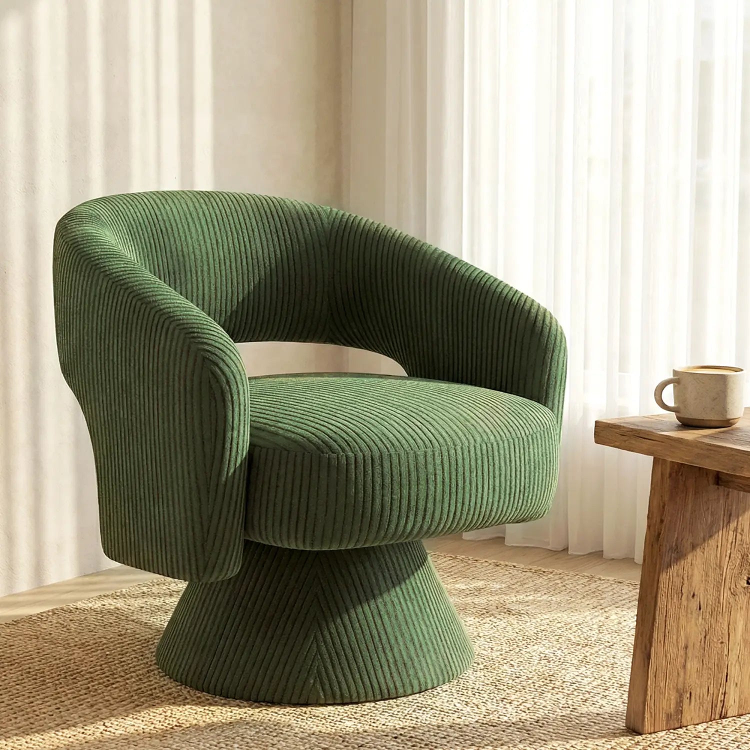 Sillón de acento tipo barril giratorio acolchado en corduroy verde oliva, con respaldo y asiento redondeados.