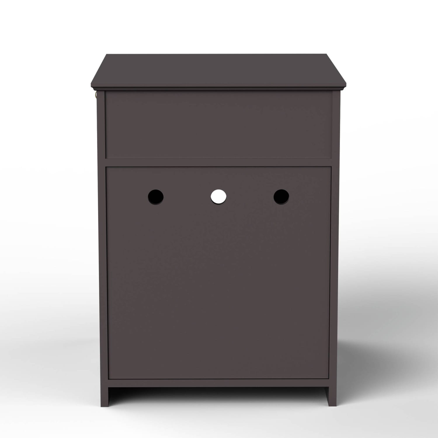 Ein dunkelgrauer, minimalistischer Nachttisch aus Holz mit einer einzelnen Schublade und einem unteren Schrank mit drei runden Aussparungen, zwei in Schwarz und eine in Weiß, gestaltet als Einfassung für eine Katzenkloschale.