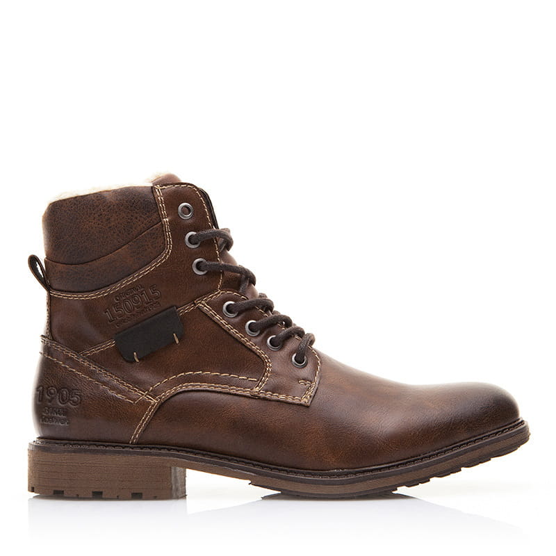Brown leather men winter snow ankle boot with stitched detailing black strap accent and fleece lining for warmth.