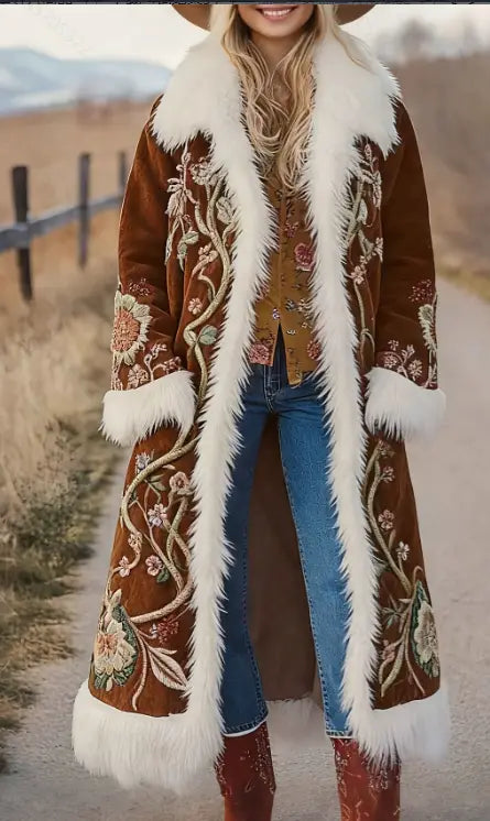 Brauner Wildleder-bestickter langem Wintermantel aus Kunstfell mit aufwendiger floraler Stickerei und weißem Kunstfellbesatz.