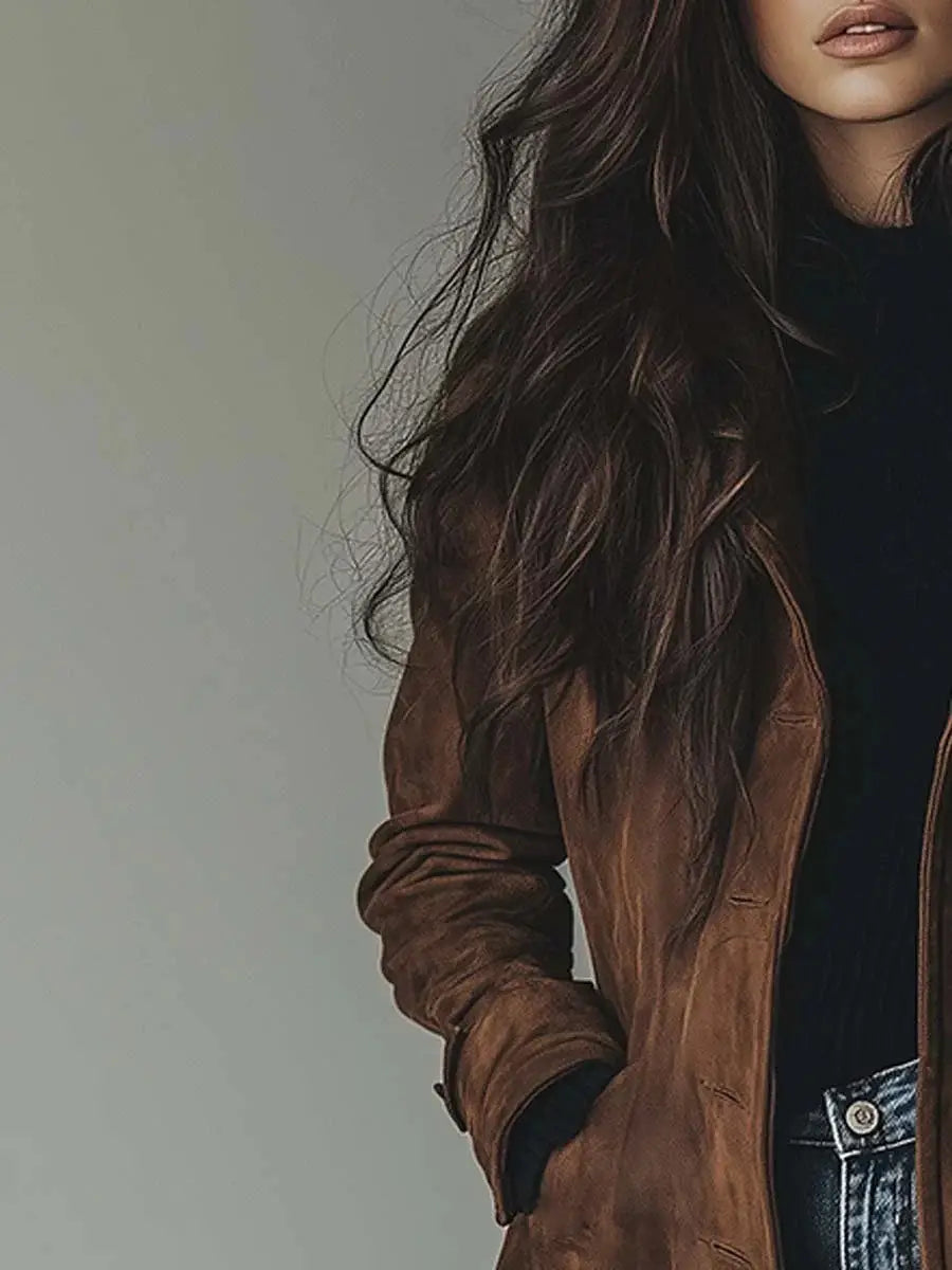 Manteau long en trench-coat western pour femmes en daim marron riche, avec une finition texturée douce et une fermeture à glissière classique.