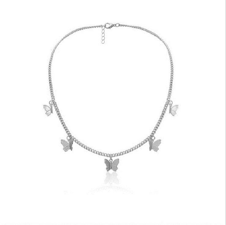 Silver chain necklace adorned with five delicate butterfly charms showcasing an elegant butterfly charm choker necklace in silver.