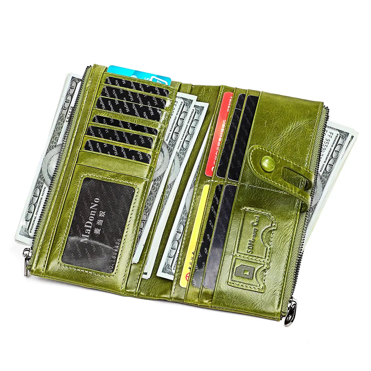 olive green first layer cowhide leather zipper tri fold wallet with multiple card slots and zipper compartments.