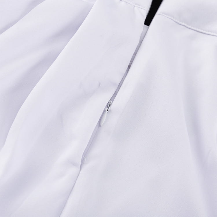 white high waisted balloon jogger pants made of white fabric featuring a silver zipper running down the center.