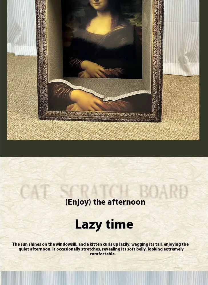 prunkvoller dunkelbrauner Holzrahmen mit einer Reproduktion des Gemäldes „Mona Lisa“ für ein „Mona Lisa“-Katzenkissen- Kratzbrett, mit prunkvollem Rahmen