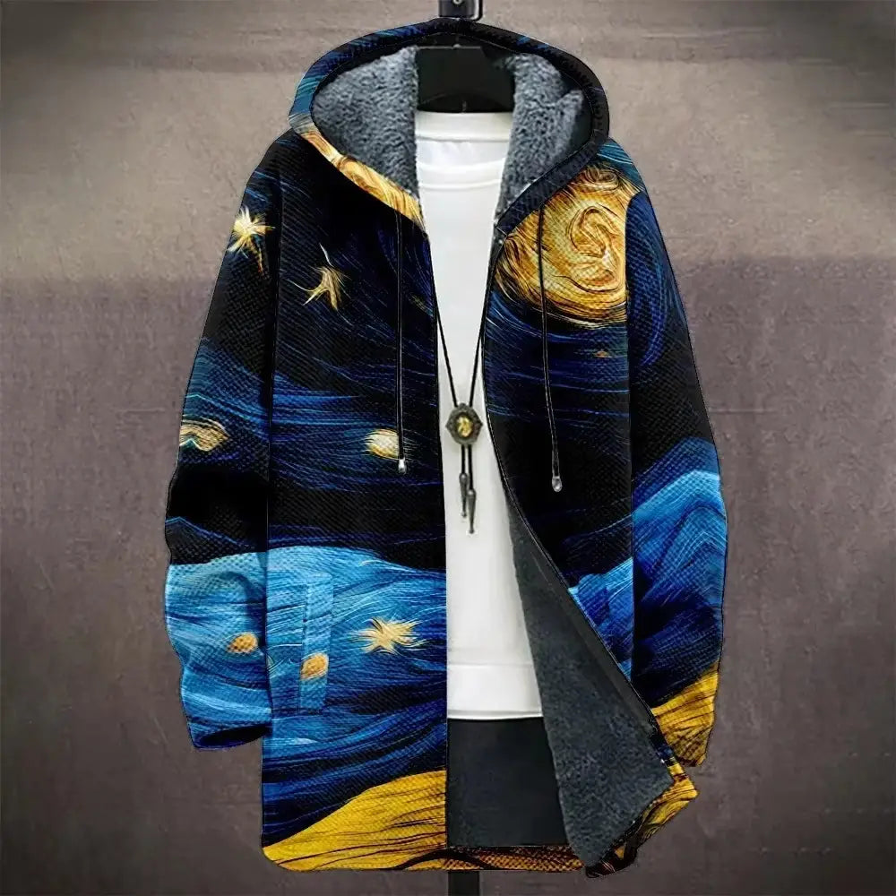 A cozy geometric fleece hooded trench coat featuring a vibrant print of Vincent van Gogh starry night with deep blues swirling yellows and stars on textured fabric lined in soft gray fleece.