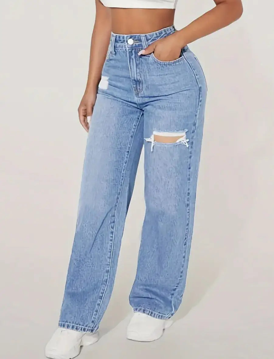 Light-wash denim jeans with a high-rise waist and wide-leg cut featuring intentional distressing at the knee in a distressed high rise wide leg denim jeans style.