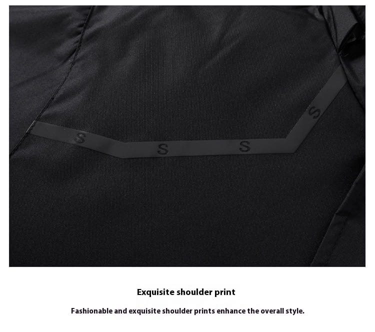 Men plus size warm winter hooded black jacket with a sleek geometric shoulder print featuring repeating s lettering along the seam on the back side.