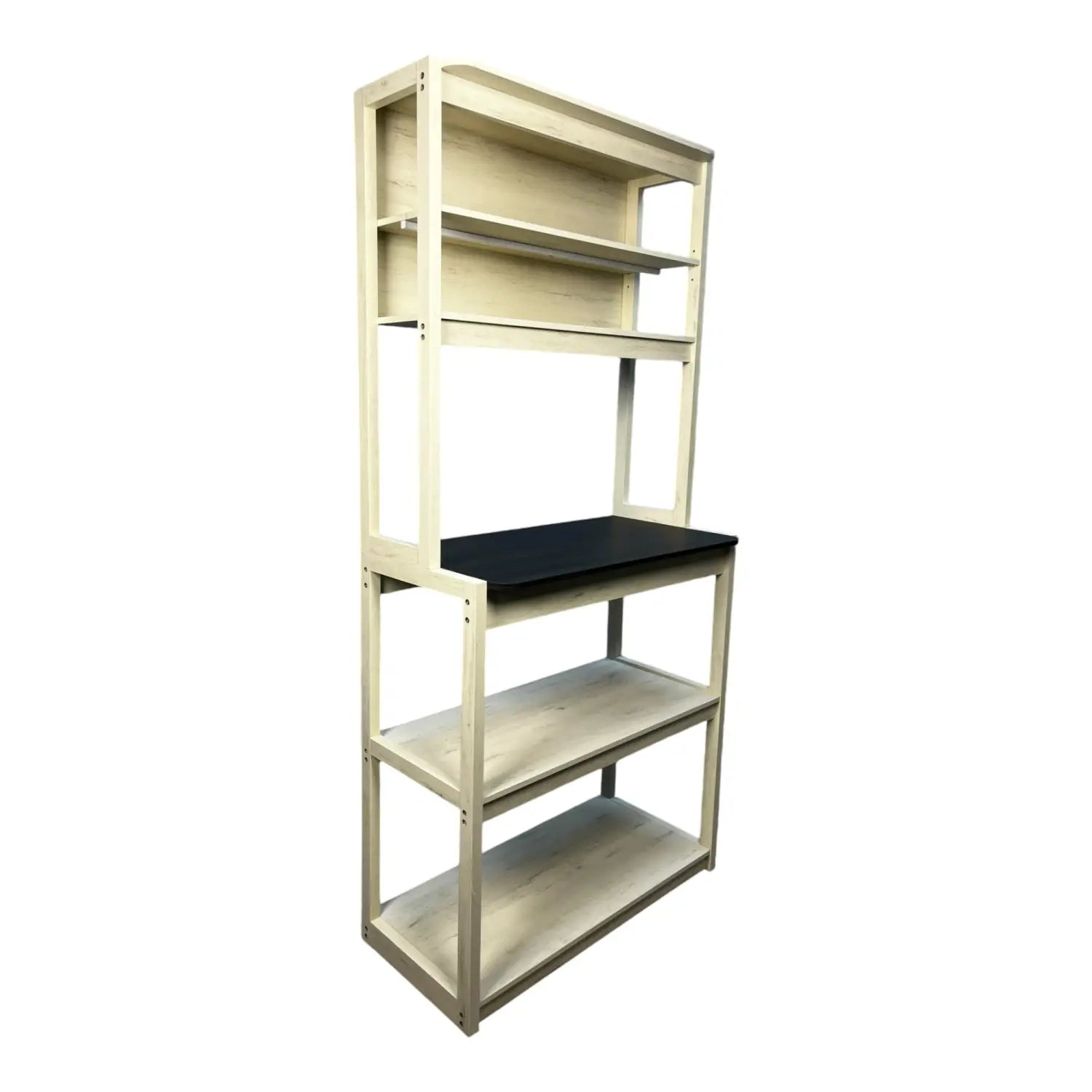 A modern 5-tier kitchen bakers rack microwave stand in white with a light-colored wooden shelving unit and a black countertop featuring multiple open shelves.