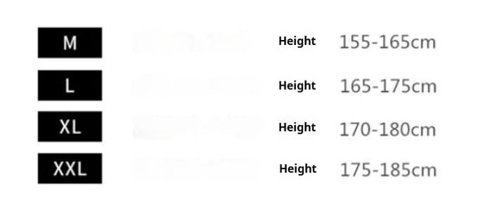 black rectangular size labels displaying m l xl xxl with height ranges in centimeters for men cargo suspender jumpsuit