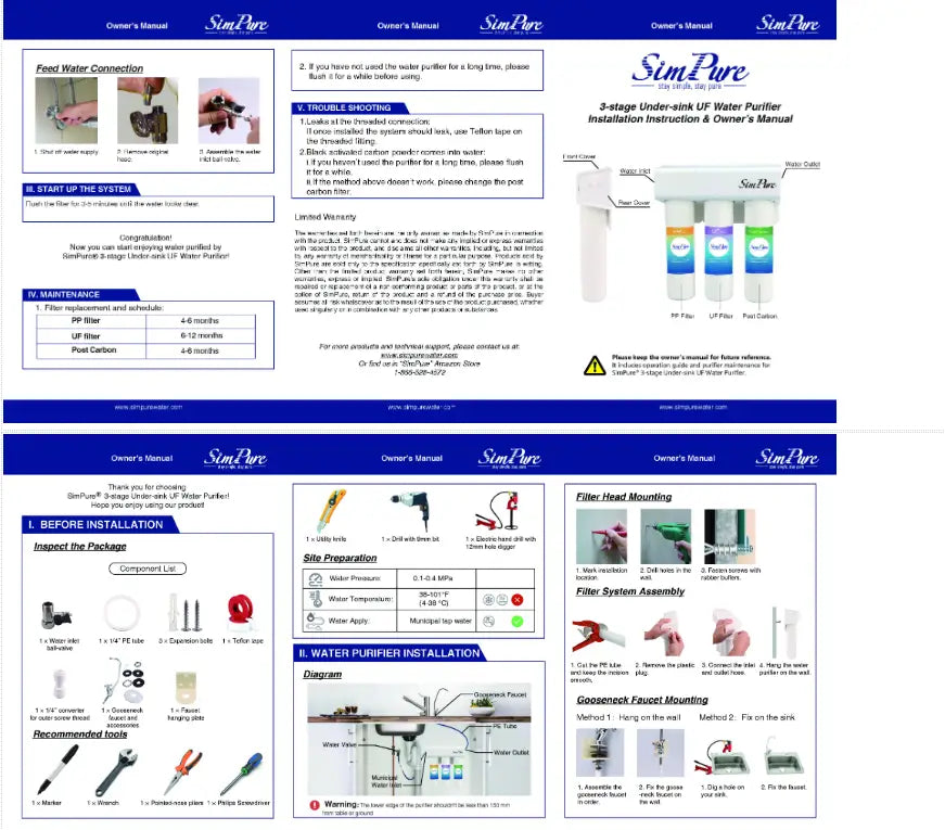 Simpure 3 stage under sink water filter replacement pp uf featuring white and purple cylindrical filter cartridges for efficient water purification.
