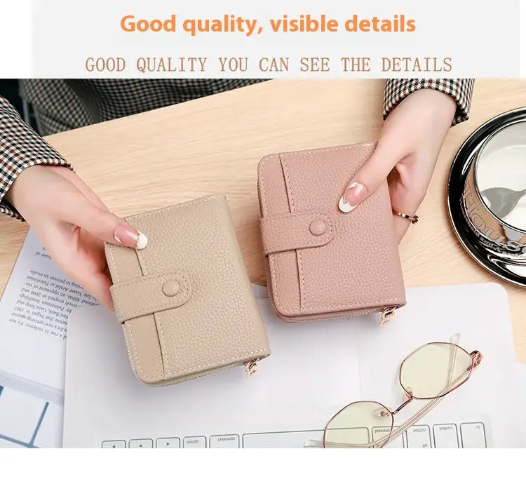Beige and pink leather mini organ wallets with textured surface flap closures and button fastenings.