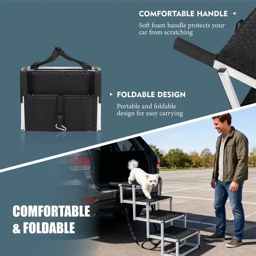 Foldable dog ramp for cars and suvs in black and silver with textured non-slip steps and 250lb capacity.