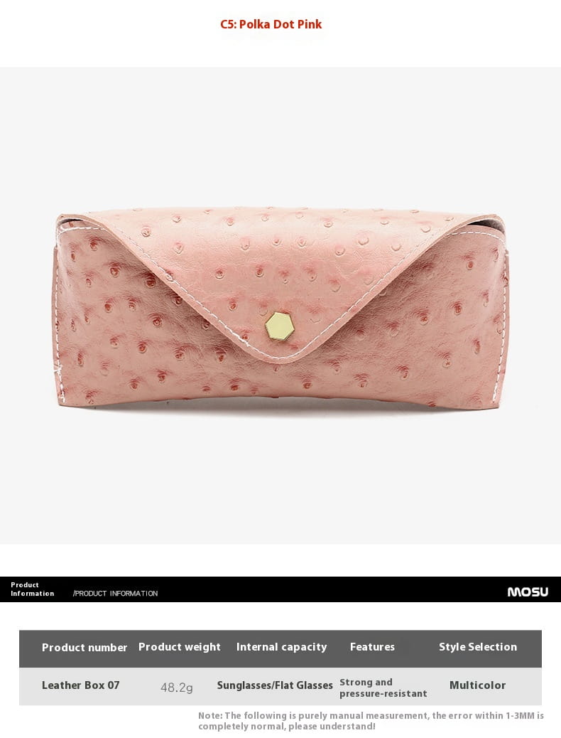 étui à lunettes en cuir d’autruche rose avec motif à pois et fermeture hexagonale plaquée or pour une fermeture sécurisée