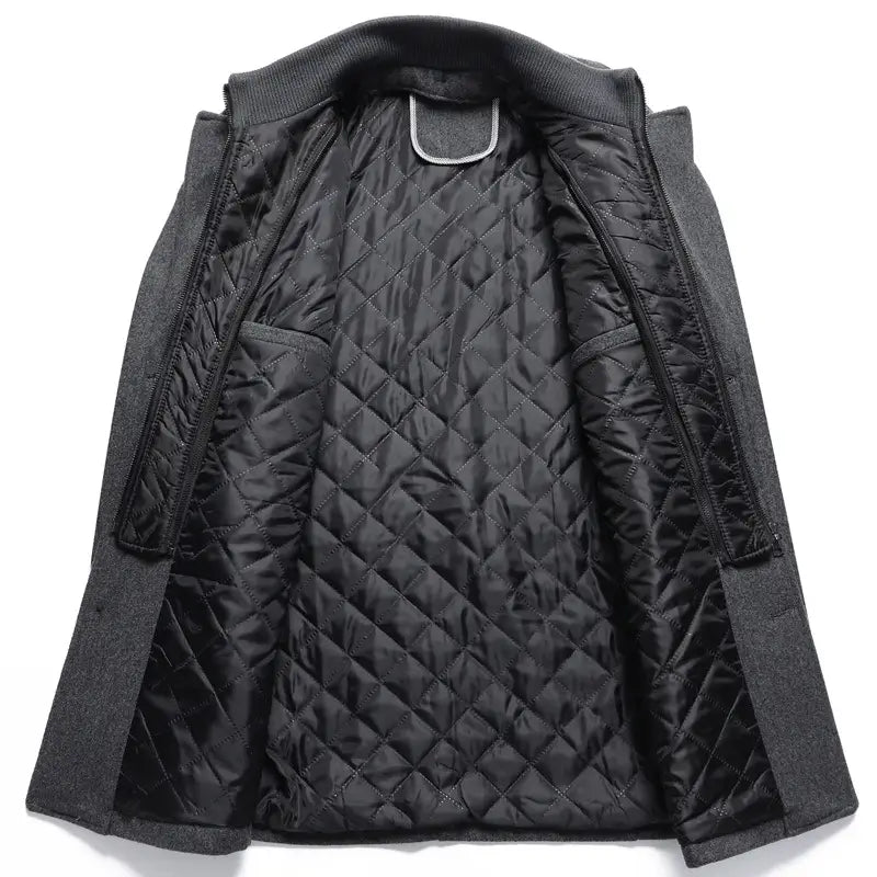 Men wool winter overcoat quilted jacket in dark gray with black diamond patterned lining and ribbed collar.