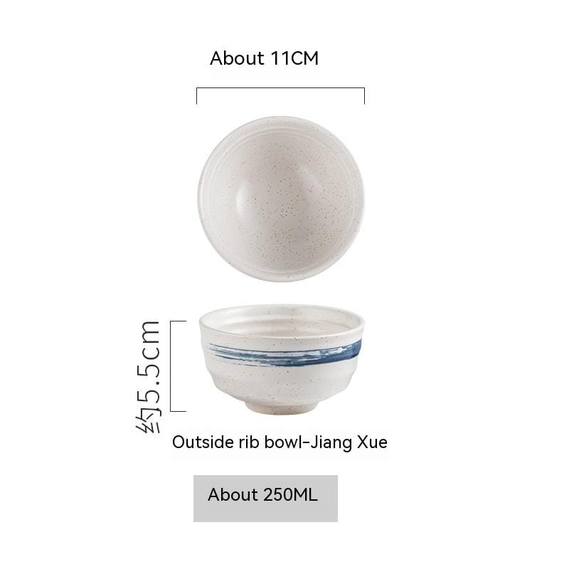 A white ceramic outside rib bowl jiang xue with speckled texture and a single blue horizontal stripe near the rim used as retro porcelain rice tableware measuring 4 inch.