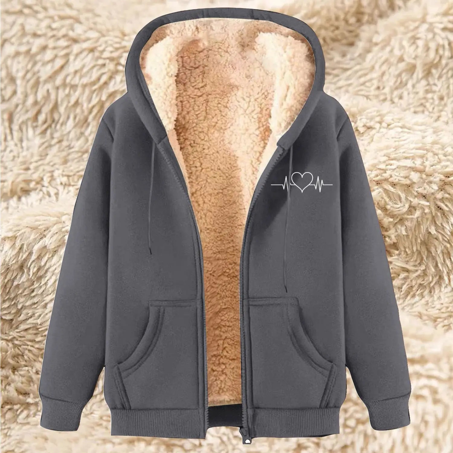 Dark gray men’s heartbeat sherpa lined zip up winter fleece hoodie with plush tan fleece lining and white heart shaped heartbeat design on the left chest.