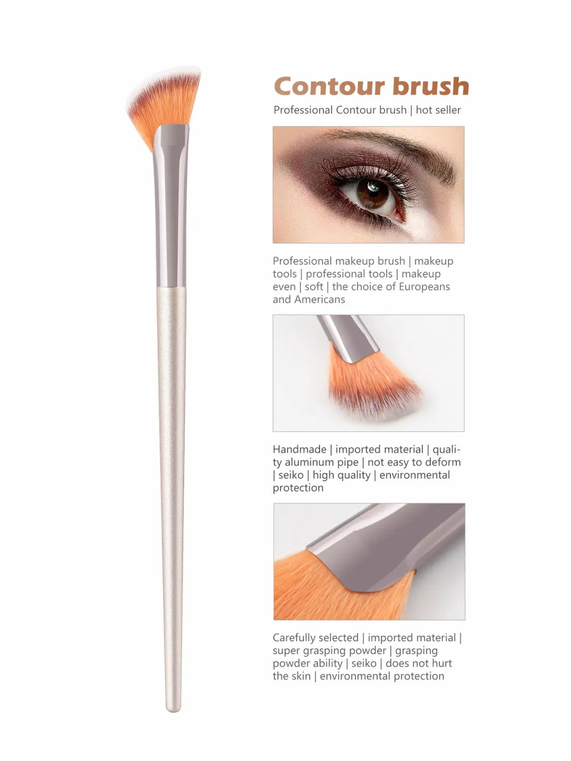A professional finger belly makeup contour brush with soft orange-brown bristles and a polished silver-toned aluminum handle.