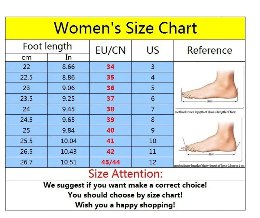 women’s size chart in blue and yellow displaying foot length in cm and inches with eu cn us sizes and reference foot illustrations for burgundy leather martin boots with yellow stitching