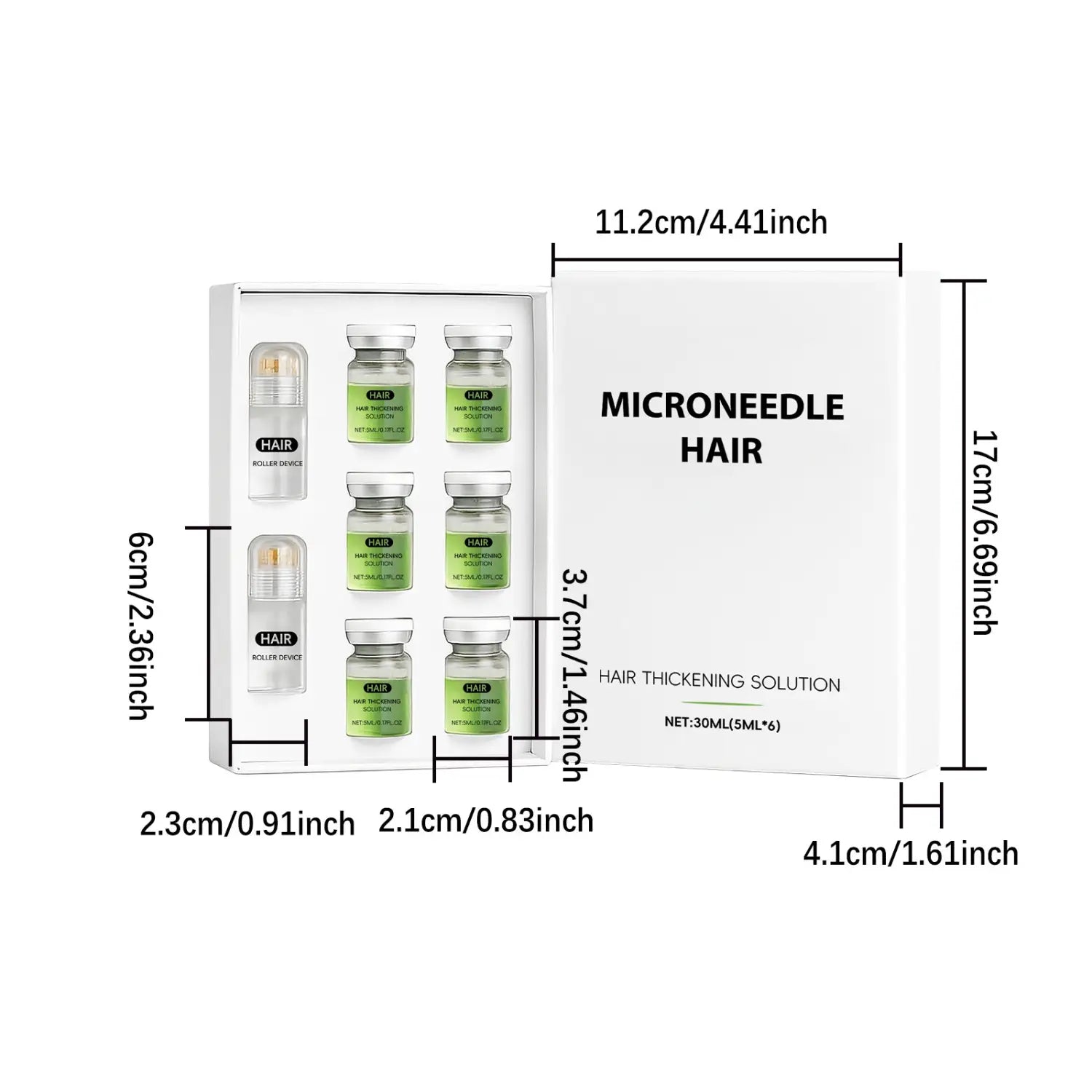 white rectangular box containing six green liquid-filled vials and two green roller devices labeled hair thickening solution for microneedle hair treatment in a microneedle hair thickening solution roller kit