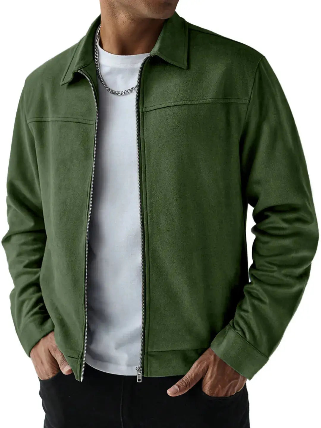 Men suede bomber jacket in olive green featuring a classic collar and front zipper closure.