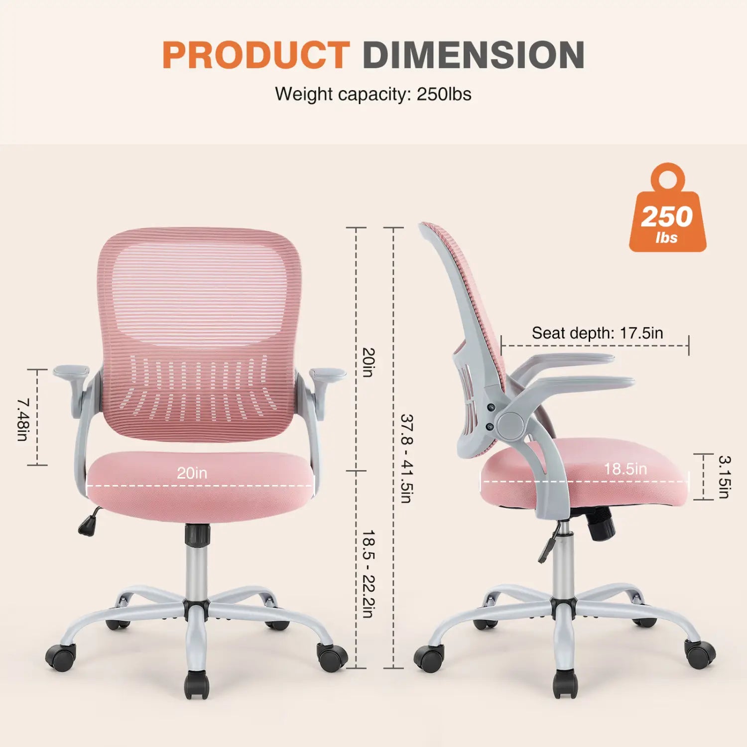 Chaise de bureau à maillage rose pour le dessin avec anneau pour les pieds réglable, dotée d’accoudoirs gris et de la base, illustrée depuis l’arrière.