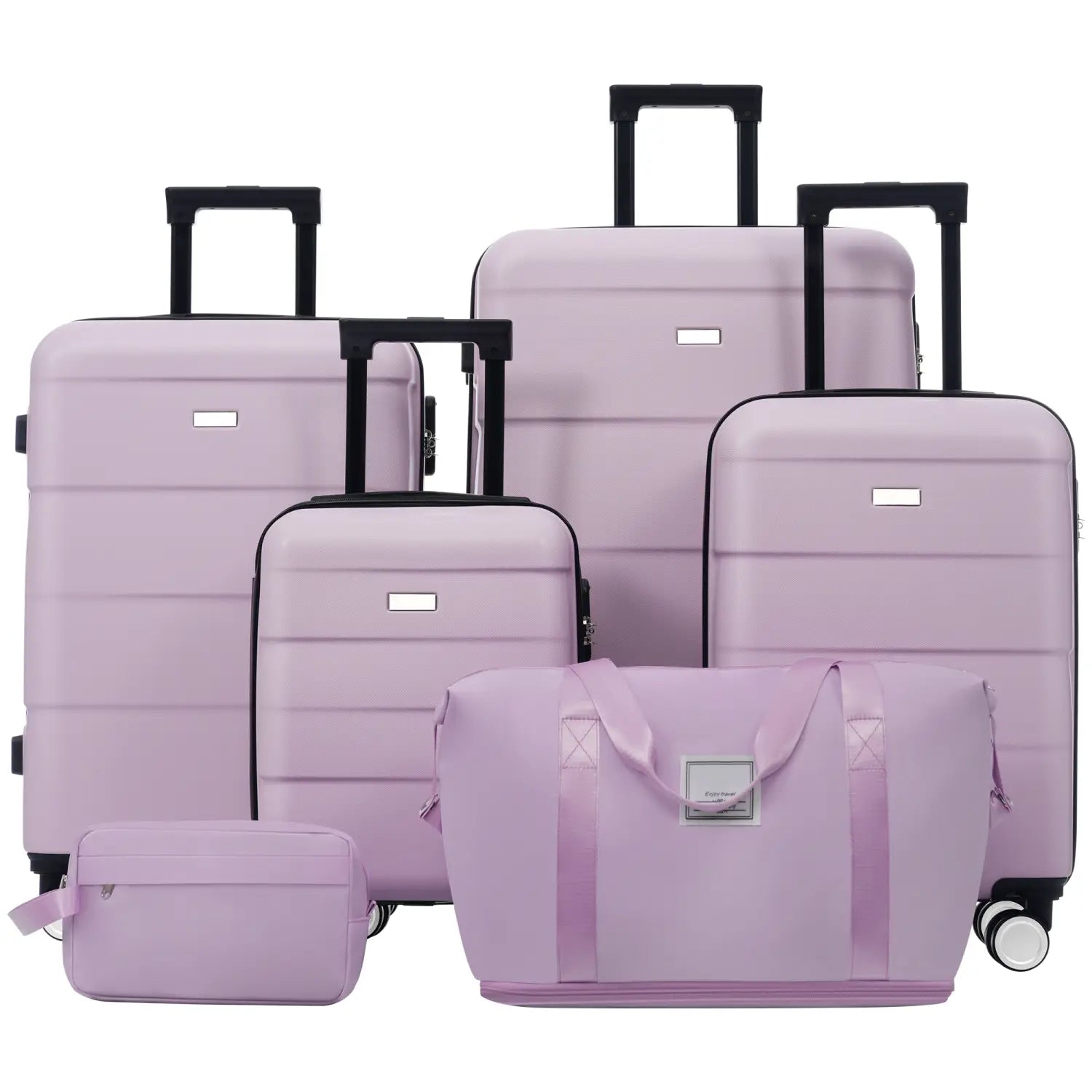 Set of six matching lavender hard-shell and soft-sided luggage pieces with black handles wheels and zippers in a lavender 6 piece hardshell luggage set with spinner wheels.
