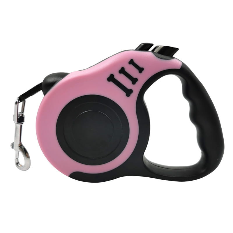 Retractable dog leash with ergonomic black and pink handle featuring bone-shaped decals for comfortable pet walking.