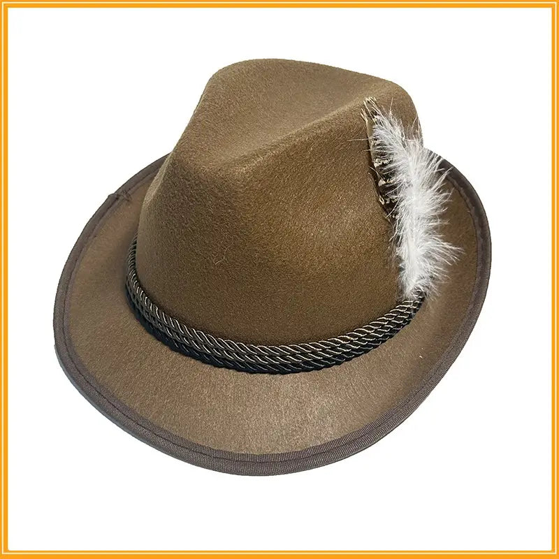brown felt fedora hat with black braided band and white feather accent made of wool for men suitable as jazz cap