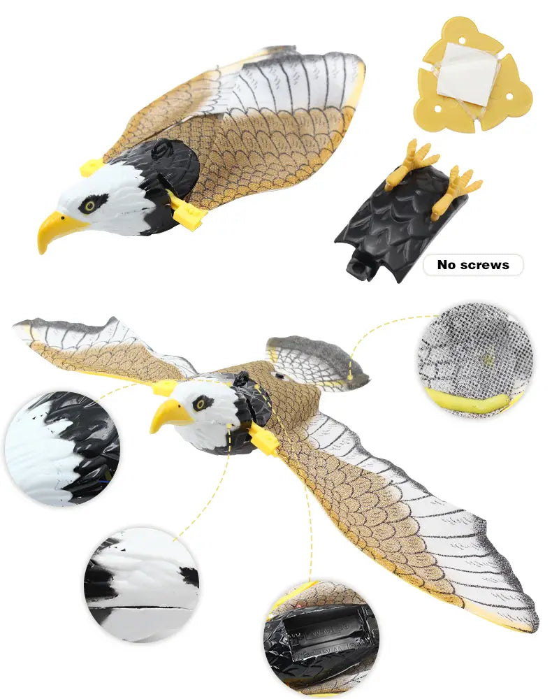 A detailed plastic interactive flying bird cat toy in the shape of an eagle with a white head, black and brown feathered wings, and yellow beak and talons.