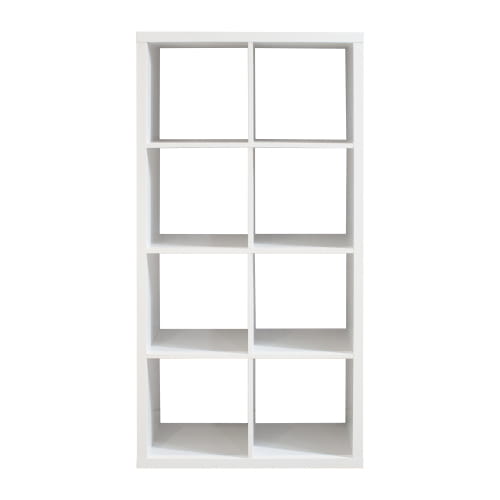 meuble de rangement en cubes blancs au design minimaliste et aux lignes épurées, présenté dans le modèle d’étagère-bibliothèque blanche à 8 cubes, pour un usage à la maison et au bureau