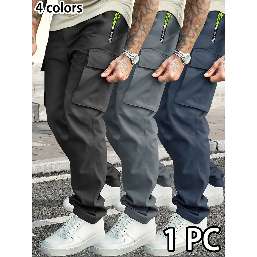 Men’s loose fit neon accent cargo joggers in black gray and navy featuring multiple pockets and a slim fit design.