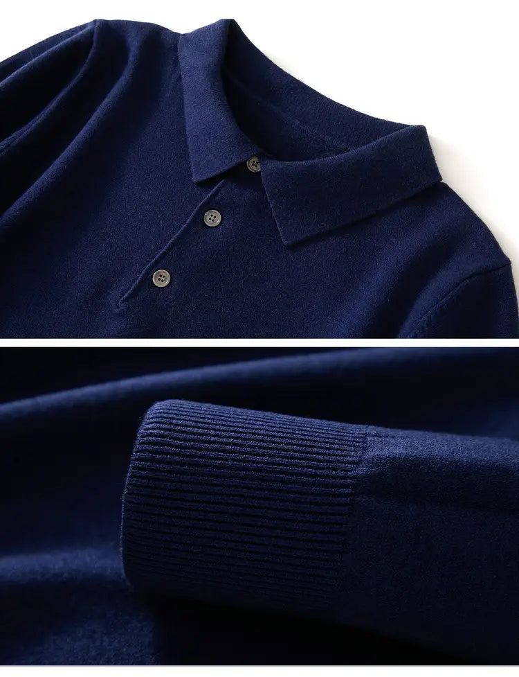 Navy blue knit polo sweater long sleeve pullover featuring ribbed cuffs and a classic button placket.