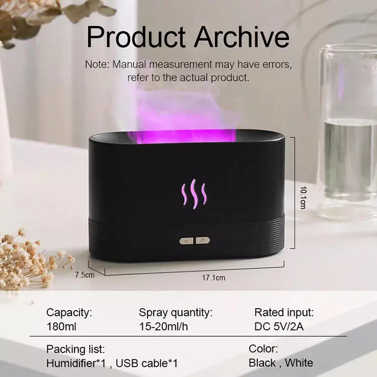 Black rectangular flame humidifier RGB essential oil aroma diffuser with a glowing purple light and two front control buttons designed for 180ml capacity.