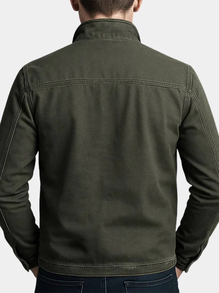 Men’s olive green faux leather workwear jacket featuring a denim texture, contrasting stitching, and a classic collar.