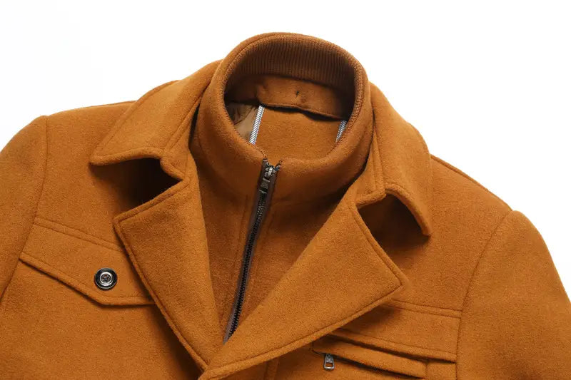 A warm mustard-yellow men wool winter overcoat with a classic collar and front zipper quilted jacket.