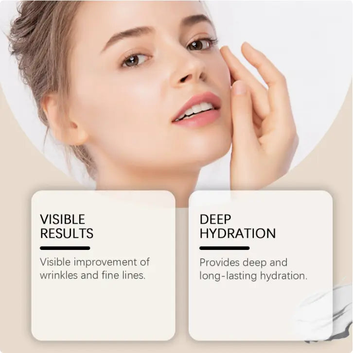 Une femme à la peau claire et aux yeux brun clair touche délicatement sa joue, mettant en valeur un teint lisse grâce à la crème raffermissante pour le visage à la vitamine C et au collagène.