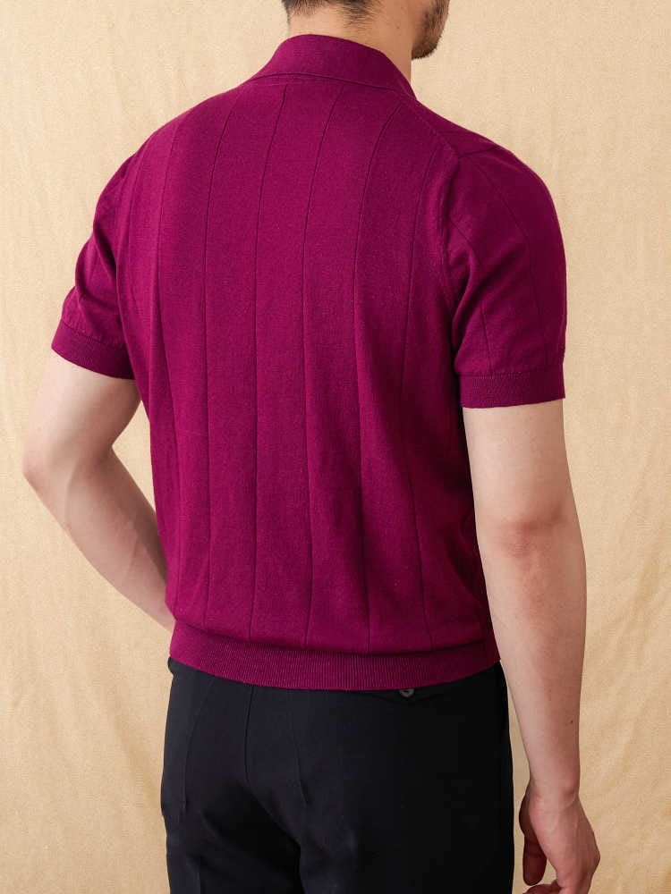 back view of a men knit stripe polo shirt in burgundy featuring short sleeves and vertical ribbed knit detailing on the back