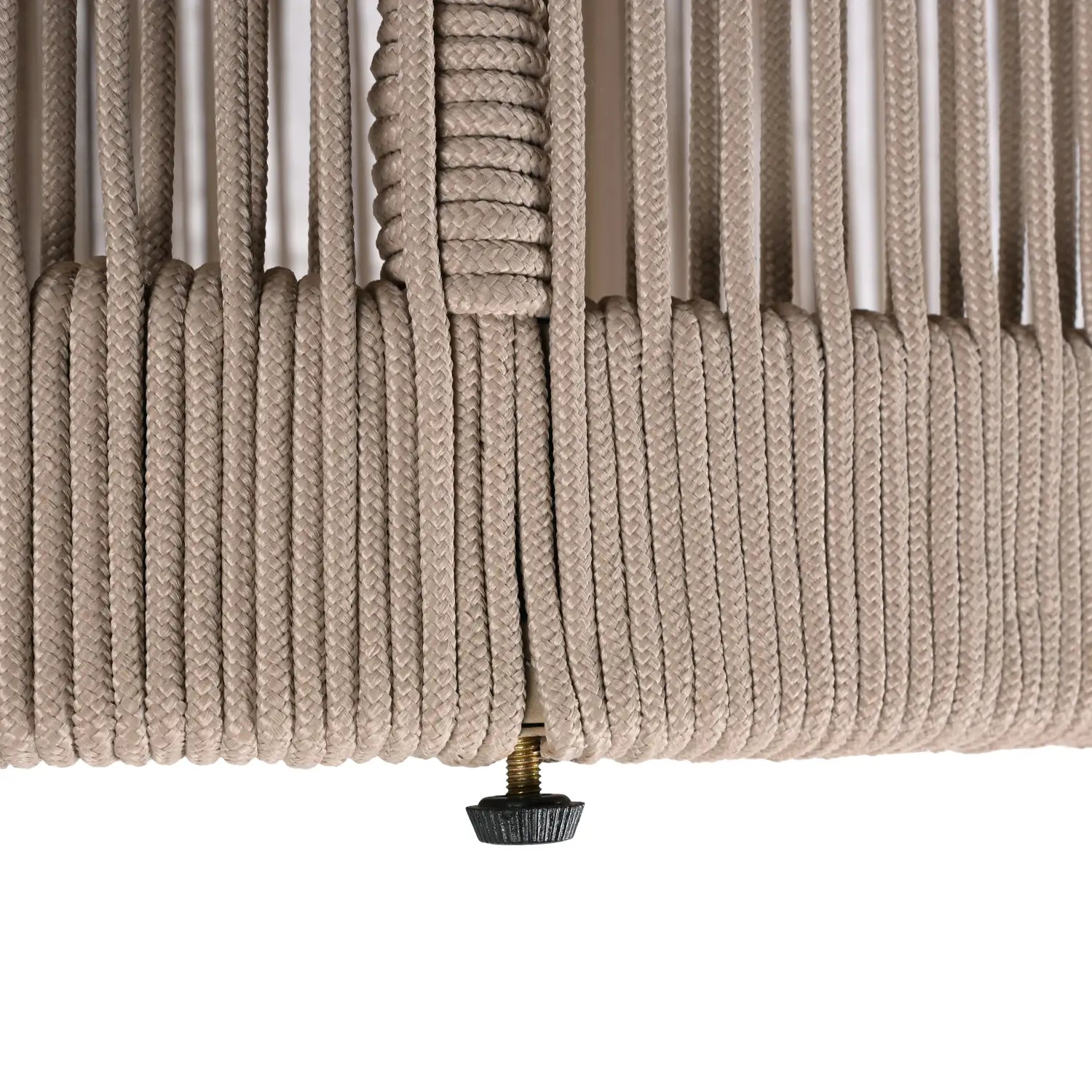 beige rope-woven chair frame with black plastic foot adjuster from rustic industrial table set woven rope coffee side table visible from the back side