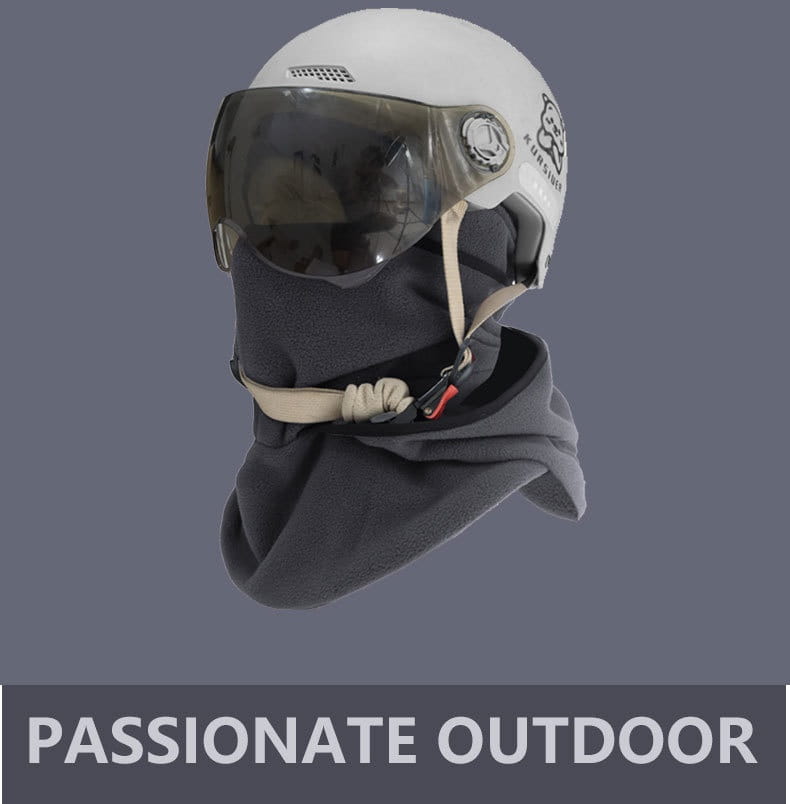 white motorcycle helmet with dark visor paired with black fleece neck gaiter from fleece balaclava winter hat scarf set for cold weather use
