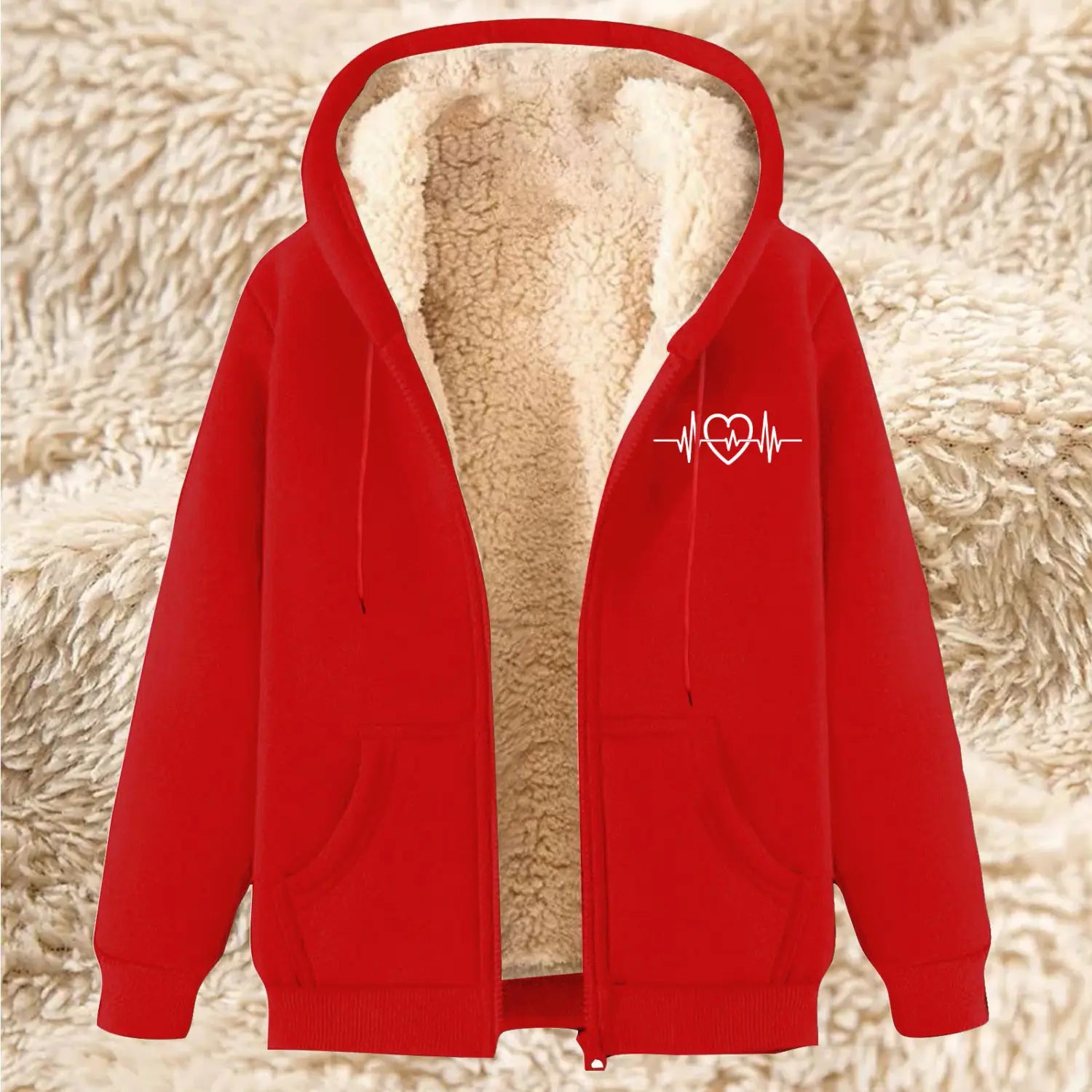 Men’s red zip-up fleece hoodie with white heart-shaped heartbeat design on the chest and plush beige sherpa lining for winter wear.