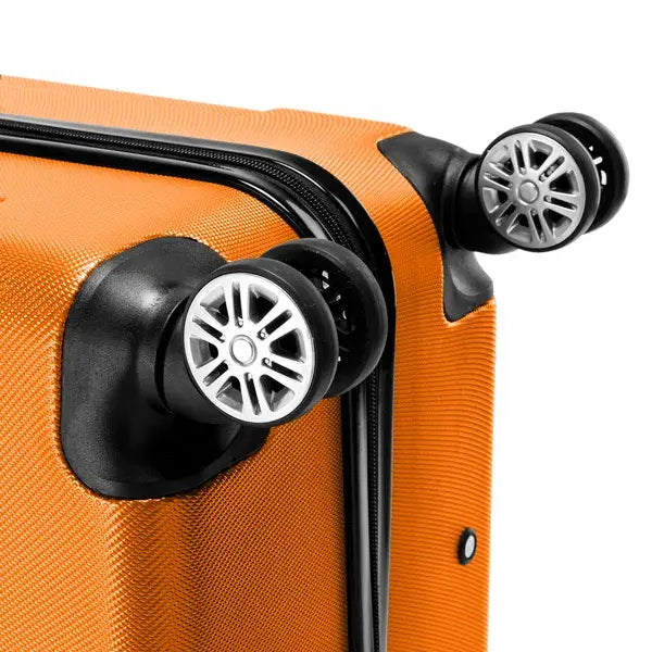 Orange hard shell trolley suitcase with black trimmed zippers and silver multi spoke spinner wheels from a 3 in 1 lightweight abs hard shell suitcase set.