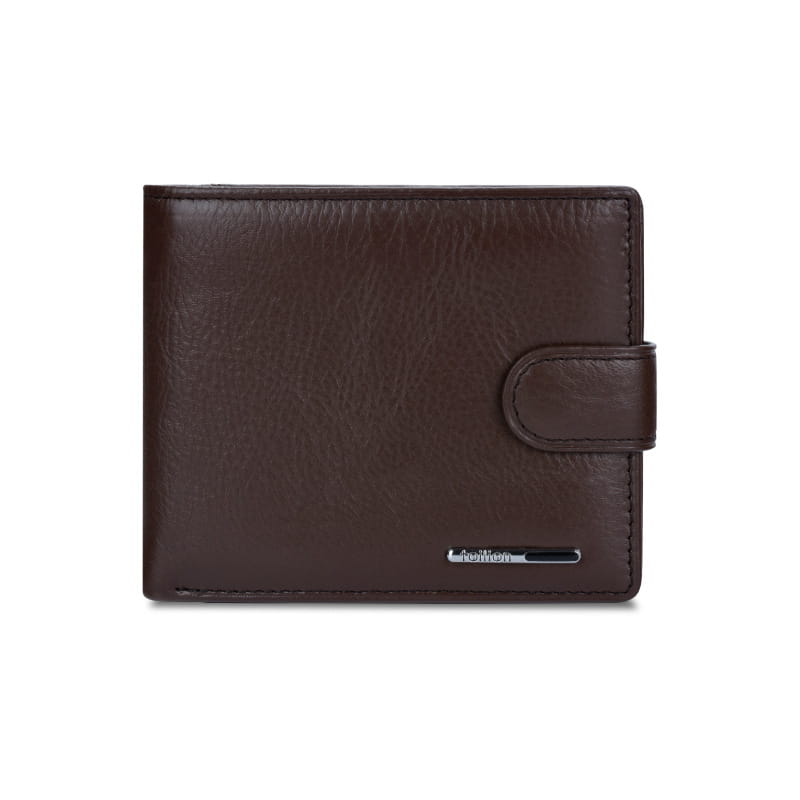 Brown leather cowhide wallet with flap closure and silver-toned brand plaque designed as a multifunctional bifold clutch.