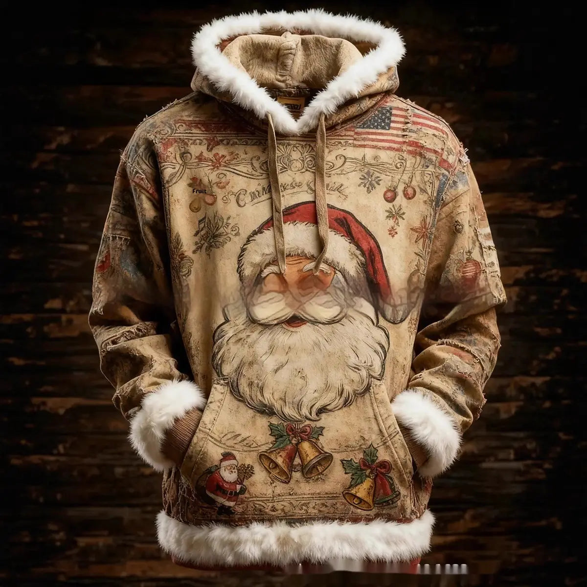 Sudadera beige de Santa Claus con ribete de piel sintética, capucha y bocamangas con forro de piel blanca esponjosa, con gráficos navideños intrincados de estilo vintage que incluyen campanas y acebo.