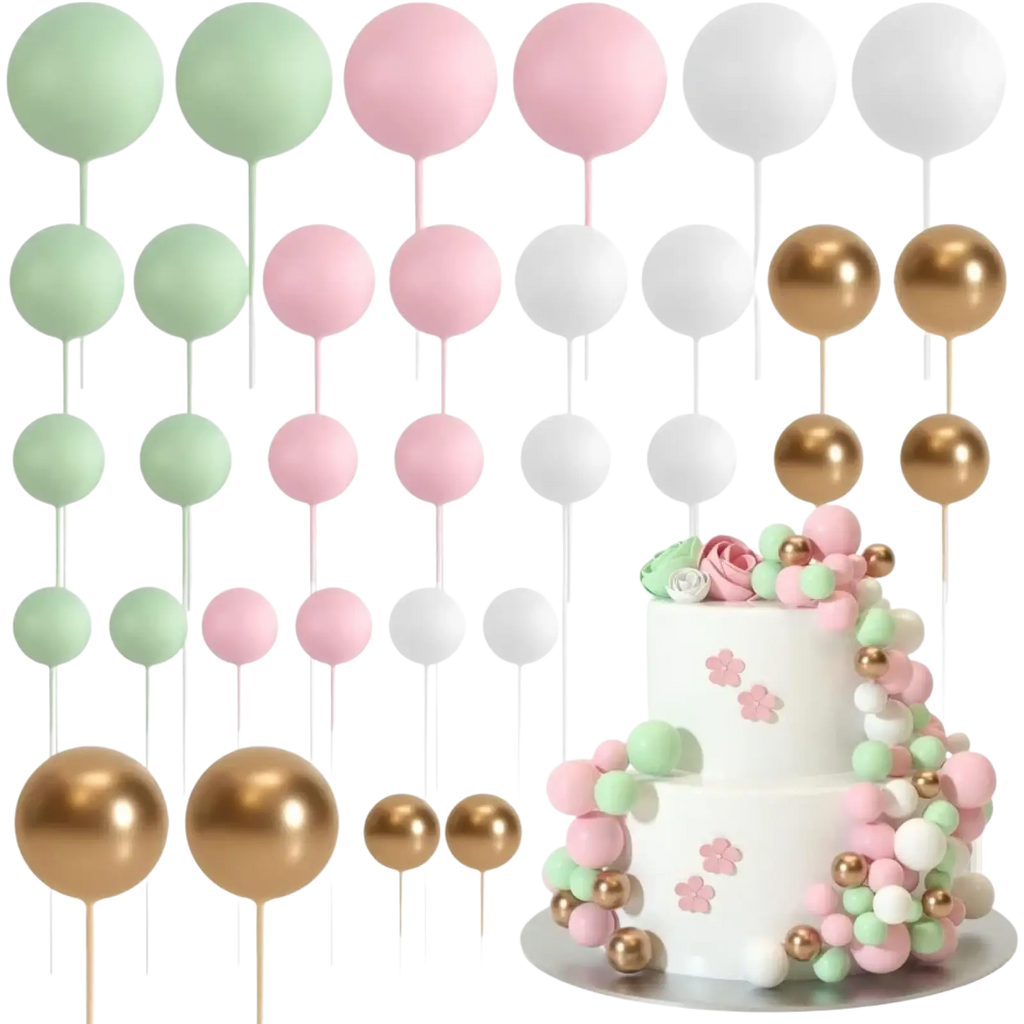 Pastel and metallic balloon cake toppers in matte mint blush pink white and gold foil for birthday party decor