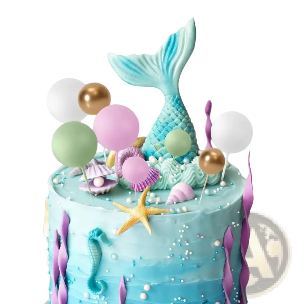 A turquoise and purple gradient mermaid tail cake topper with textured scale surface for birthday party decor