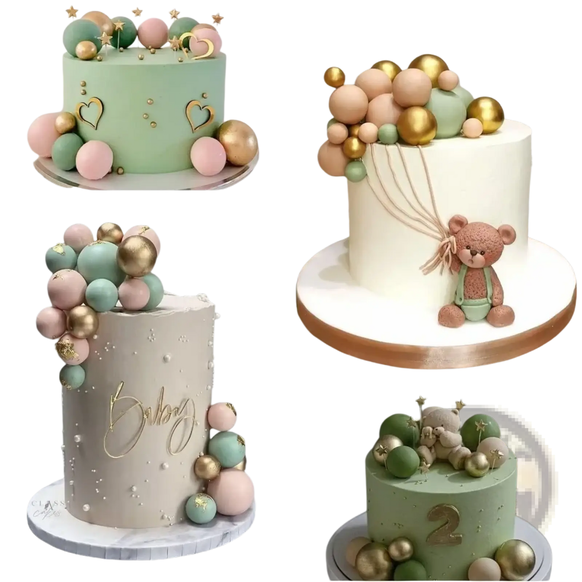 Pastel green frosted cake decorated with pink mint and gold foam balls and golden heart accents for birthday party decor