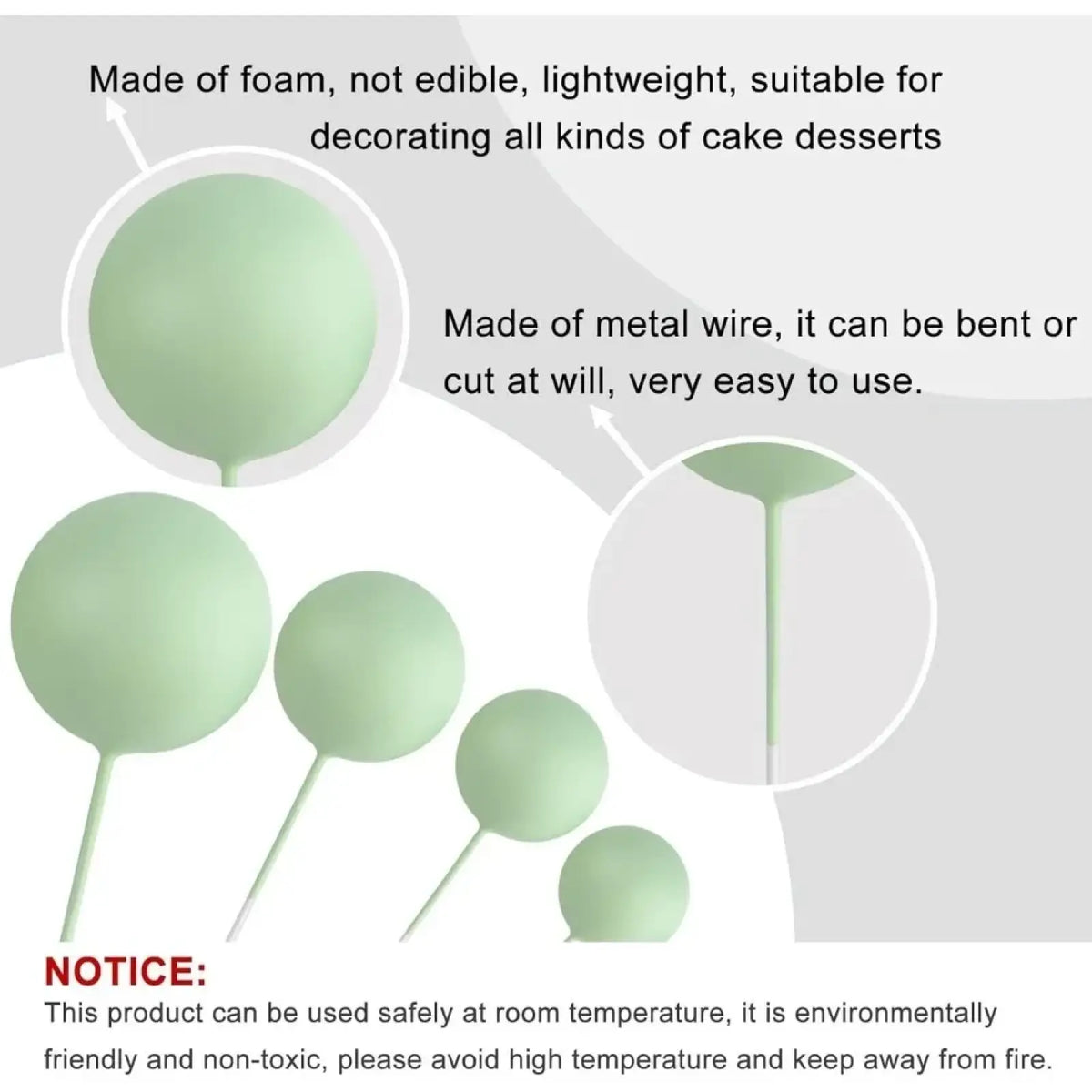 Light green foam lollipop-shaped cake decorations with metal wire sticks for birthday and wedding party decor